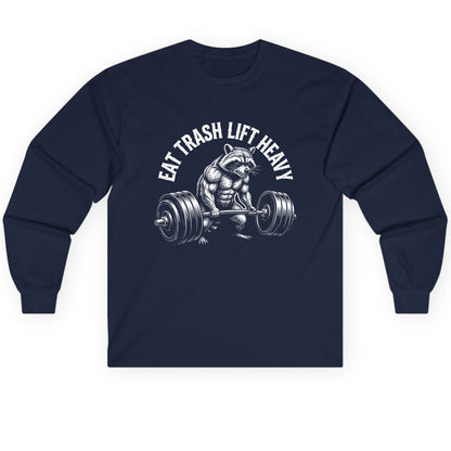 Eat Trash Lift Heavy raccoon Long Sleeve Tee Navy product mockup