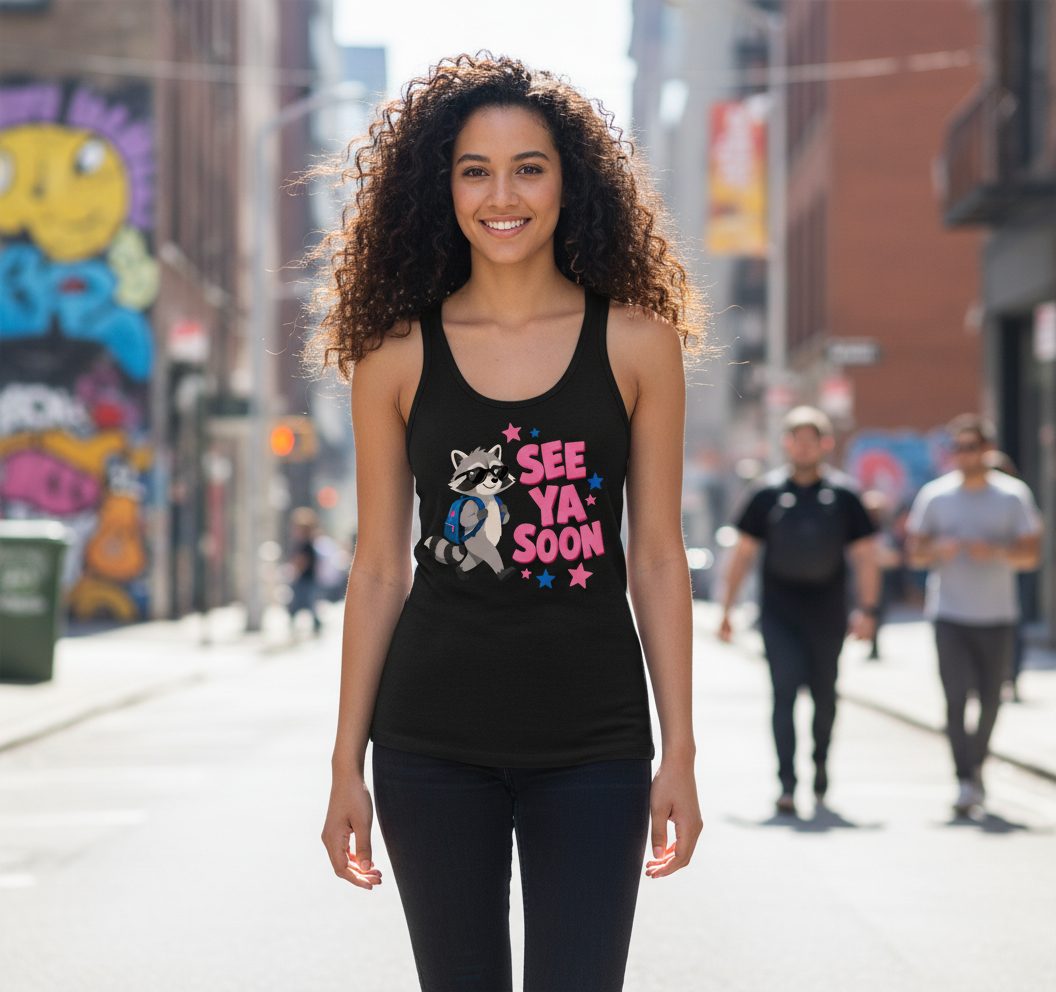 See Ya Soon Raccoon Tank Top - lifestyle model mockup - Black