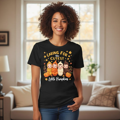 Caring for the Cutest Little Pumpkins swaddled babies T-Shirt Black lifestyle mockup