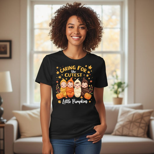 Caring for the Cutest Little Pumpkins swaddled babies T-Shirt Black lifestyle mockup