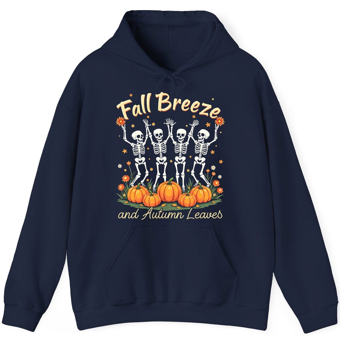 Fall Breeze and Autumn Leaves dancing skeletons Hoodie Navy product mockup