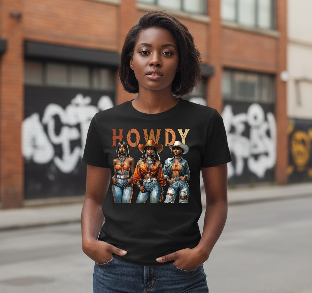 Howdy black cowgirls Youth T-Shirt Black lifestyle mockup