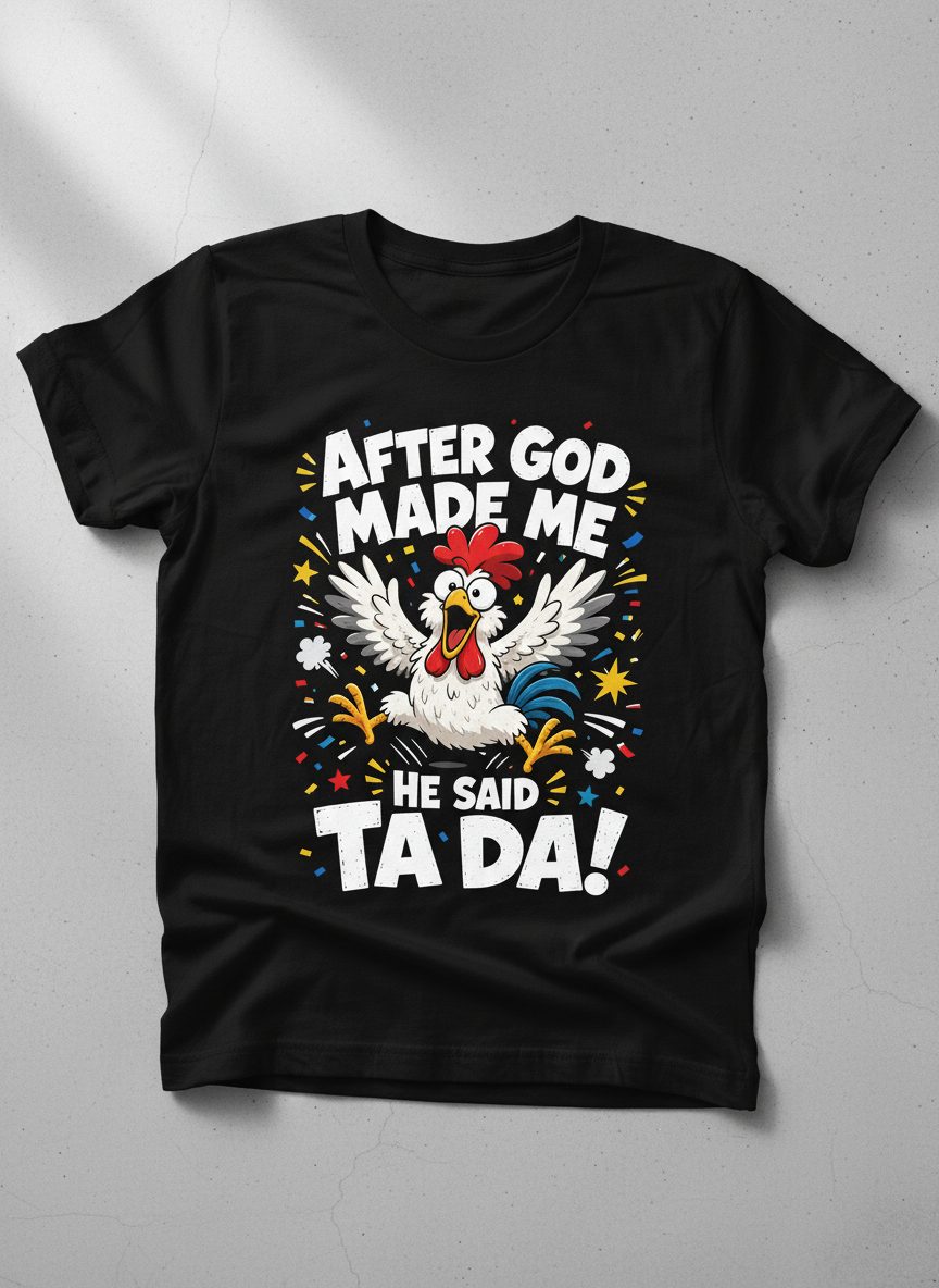 After God Made Me He Said Ta Da Funny Rooster T-Shirt - product mockup - Black