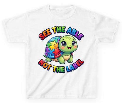 SEE THE ABLE NOT THE LABEL Autism Awareness Youth T-Shirt - product mockup - White