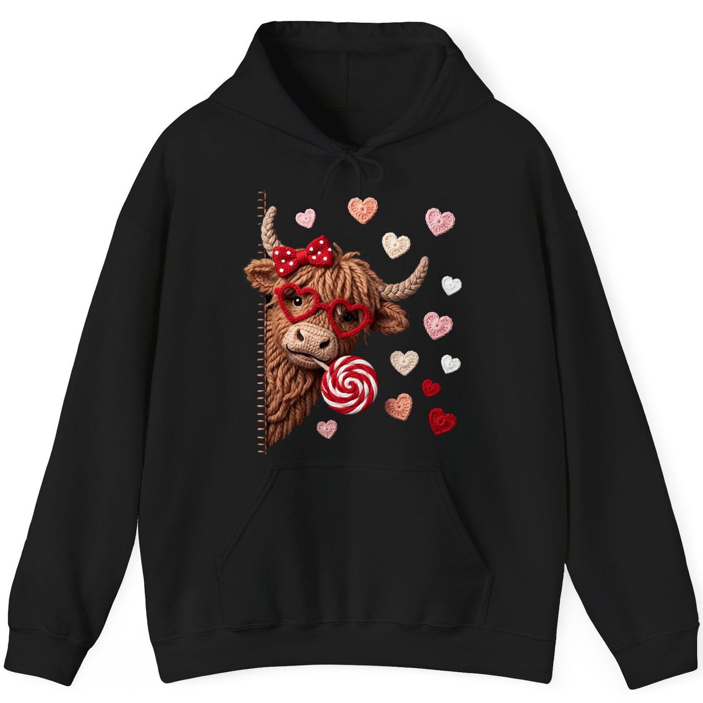 Crochet Valentine's Highland Cow highland cow Hoodie Black product mockup