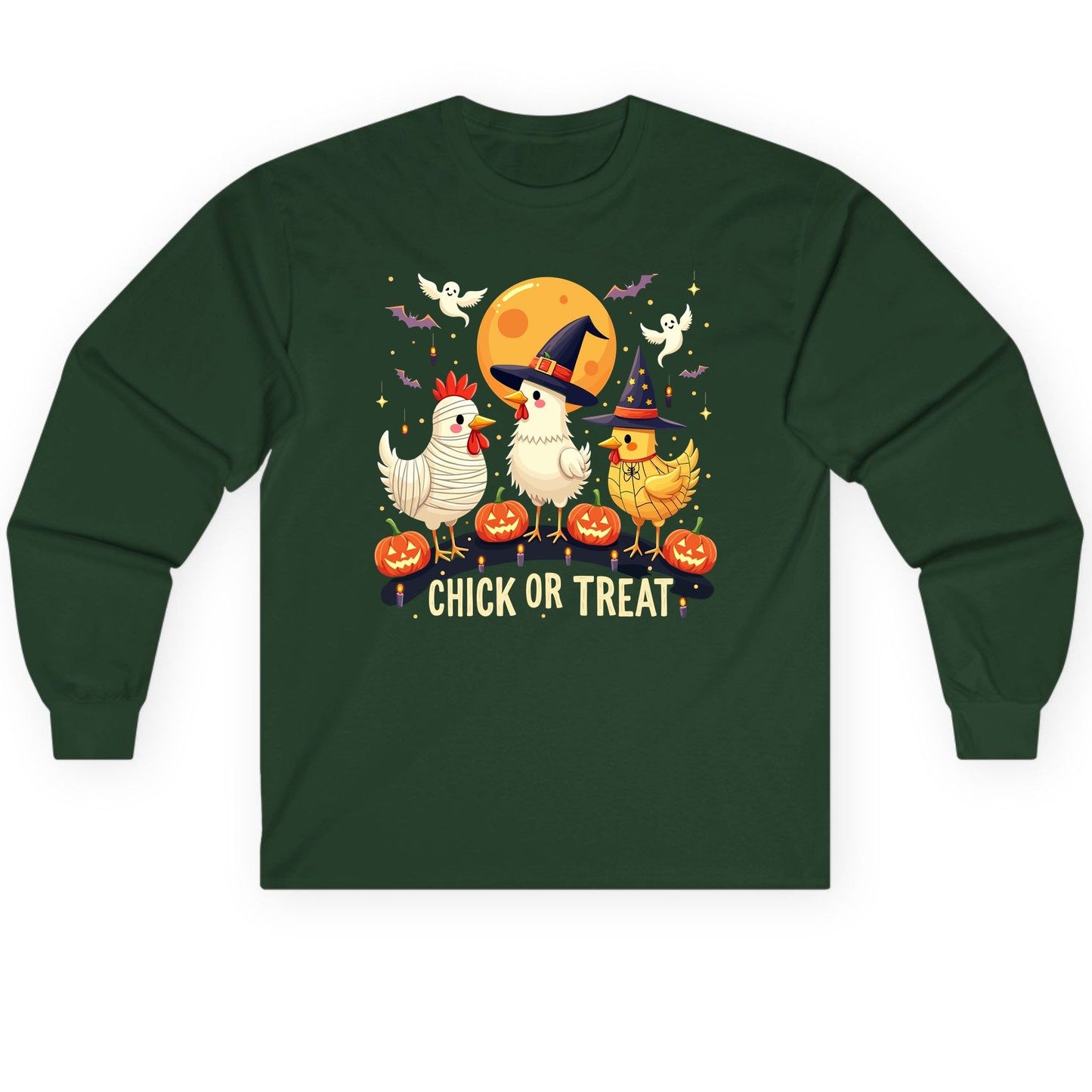 Chick or Treat Halloween chickens Long Sleeve Tee Forest Green product mockup