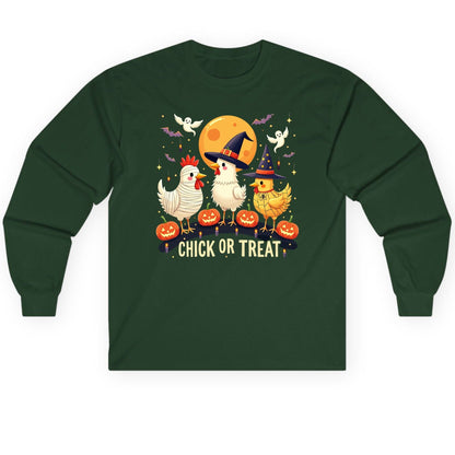 Chick or Treat Halloween chickens Long Sleeve Tee Forest Green product mockup