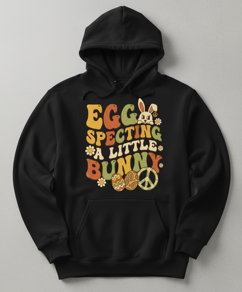 Egg Specting A Little Bunny Groovy Retro Easter Pregnancy Announcement Hoodie - Black