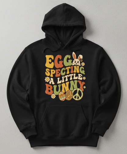 Egg Specting A Little Bunny Groovy Retro Easter Pregnancy Announcement Hoodie - Black