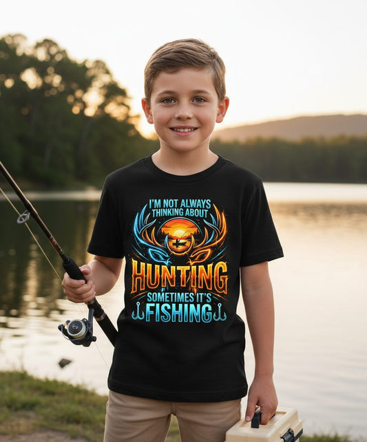 I'm Not Always Thinking About Hunting Sometimes It's Fishing hunting and fishing Youth T-Shirt Black lifestyle mockup