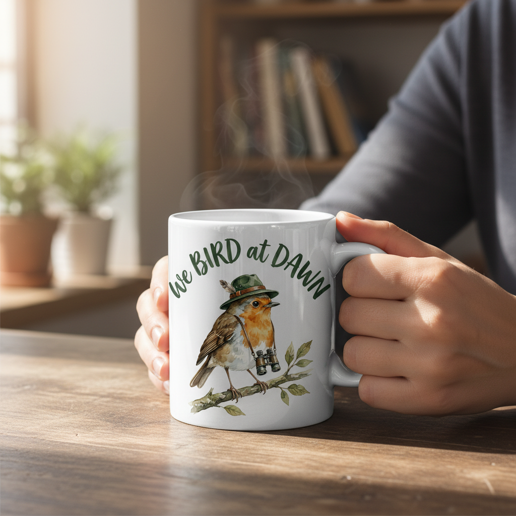 Watercolor Robin Birdwatcher with Hat and Binoculars White Mug - lifestyle model mockup - White