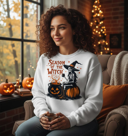 Season of the Witch skeleton witch Sweatshirt White lifestyle mockup