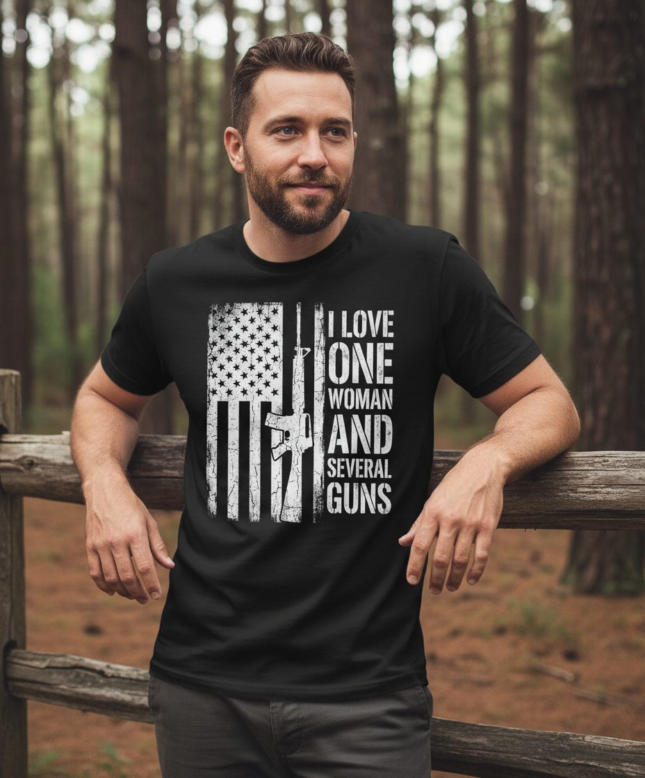I LOVE ONE WOMAN AND Several GUNS Funny Pro-Gun T-Shirt - lifestyle model mockup - Black