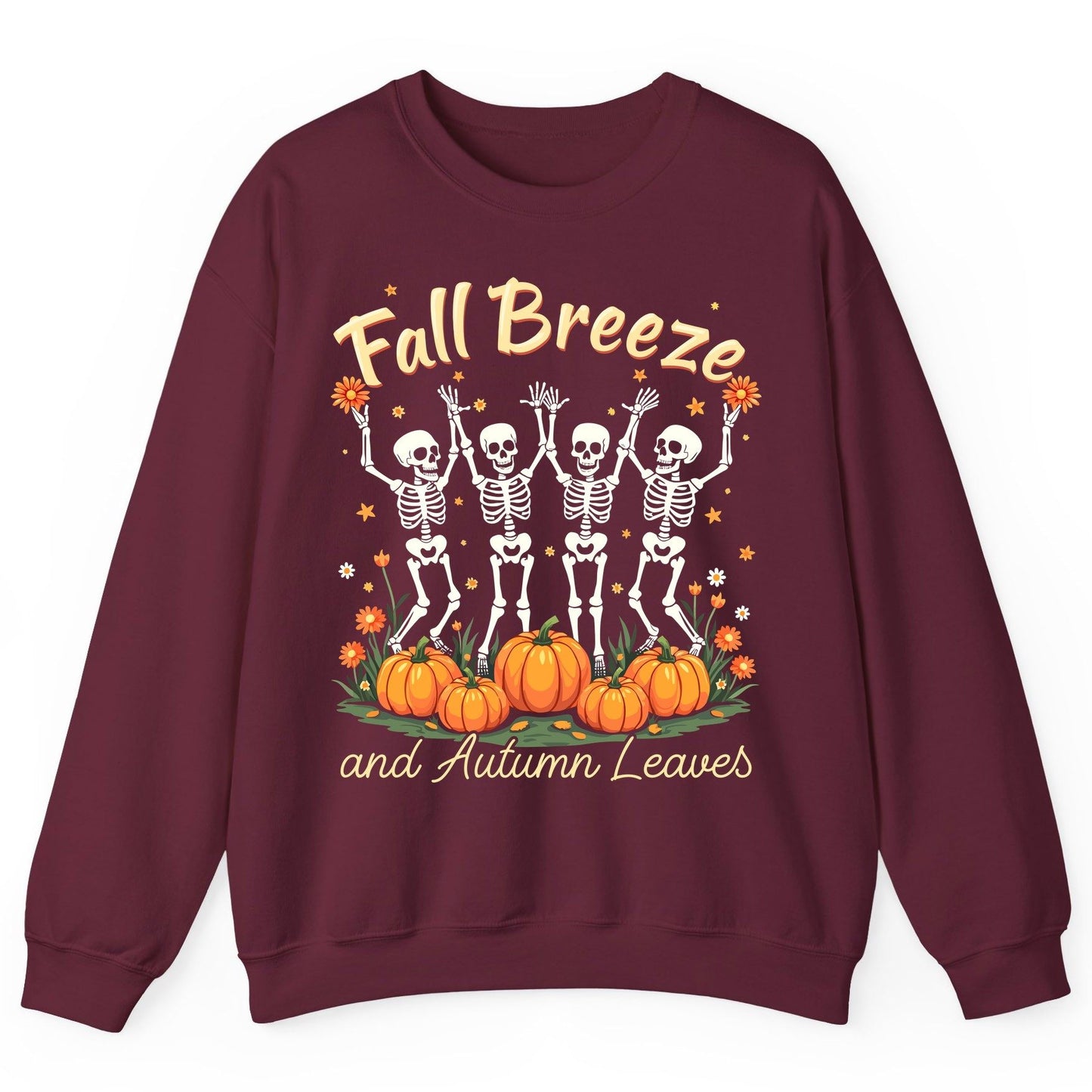 Fall Breeze and Autumn Leaves dancing skeletons Sweatshirt Maroon product mockup