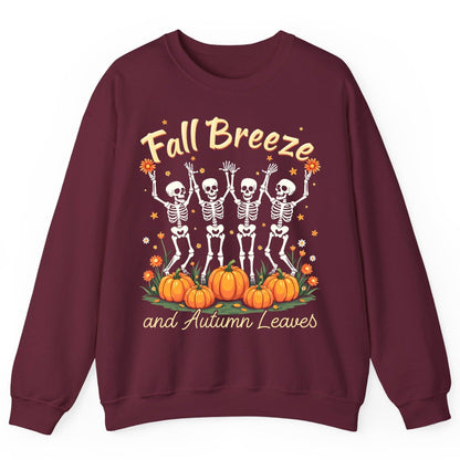 Fall Breeze and Autumn Leaves dancing skeletons Sweatshirt Maroon product mockup
