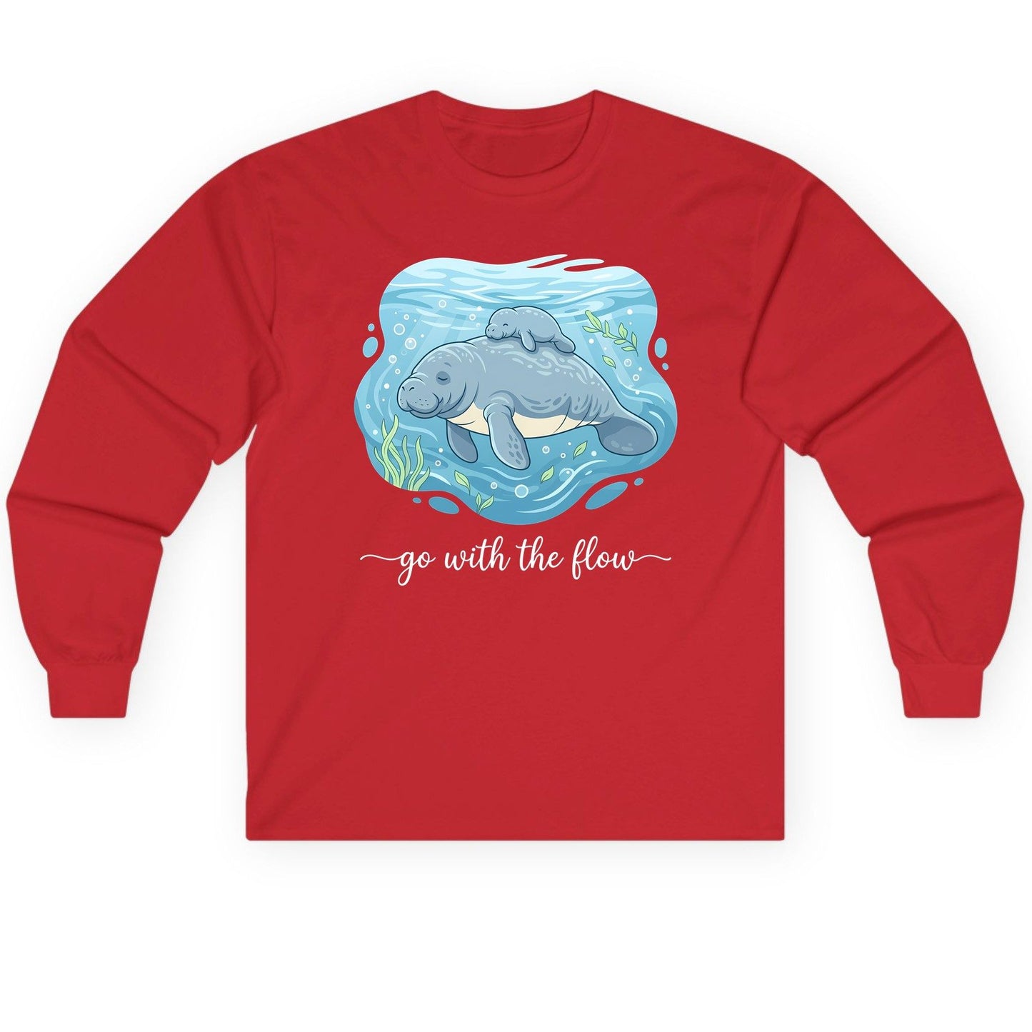 Go with the Flow Manatee Long Sleeve Tee - product mockup - Red