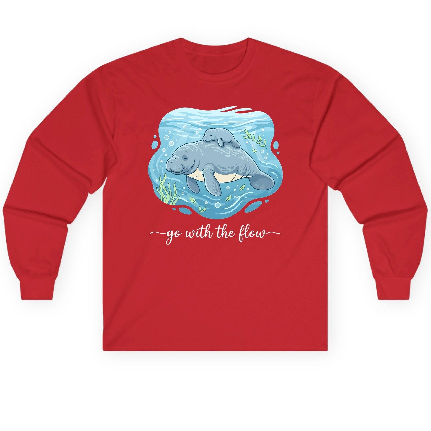 Go with the Flow Manatee Long Sleeve Tee - product mockup - Red