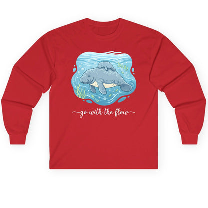Go with the Flow Manatee Long Sleeve Tee - product mockup - Red