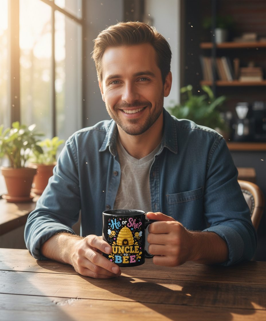 He or She Uncle to Bee Gender Reveal Black Mug - lifestyle model mockup - Black