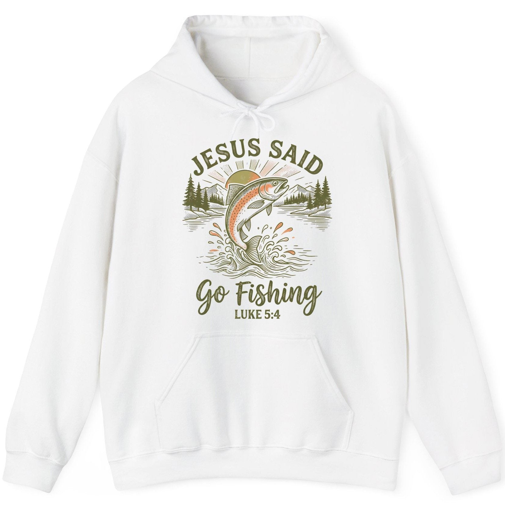 JESUS SAID Go Fishing LUKE 5 4 Vintage Christian Hoodie - product mockup - White