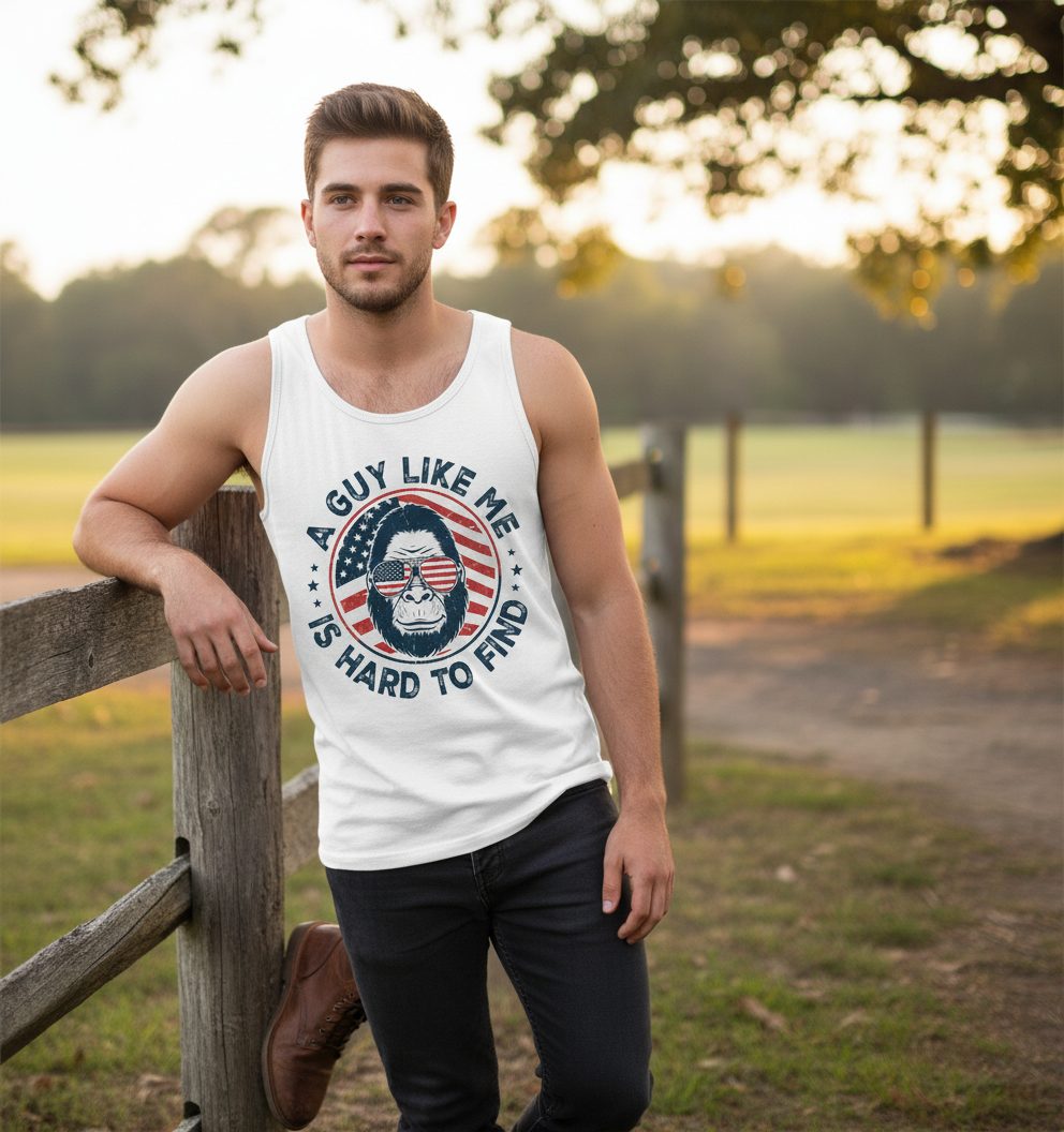 A Guy Like Me Is Hard to Find patriotic bigfoot Tank Top White lifestyle mockup