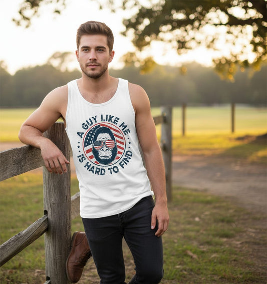 A Guy Like Me Is Hard to Find patriotic bigfoot Tank Top White lifestyle mockup