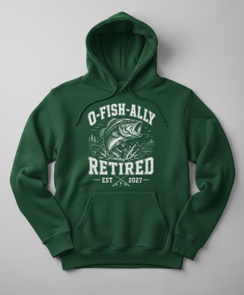 O-Fish-Ally Retired EST 2027 Funny Fishing Hoodie - product mockup - Forest Green