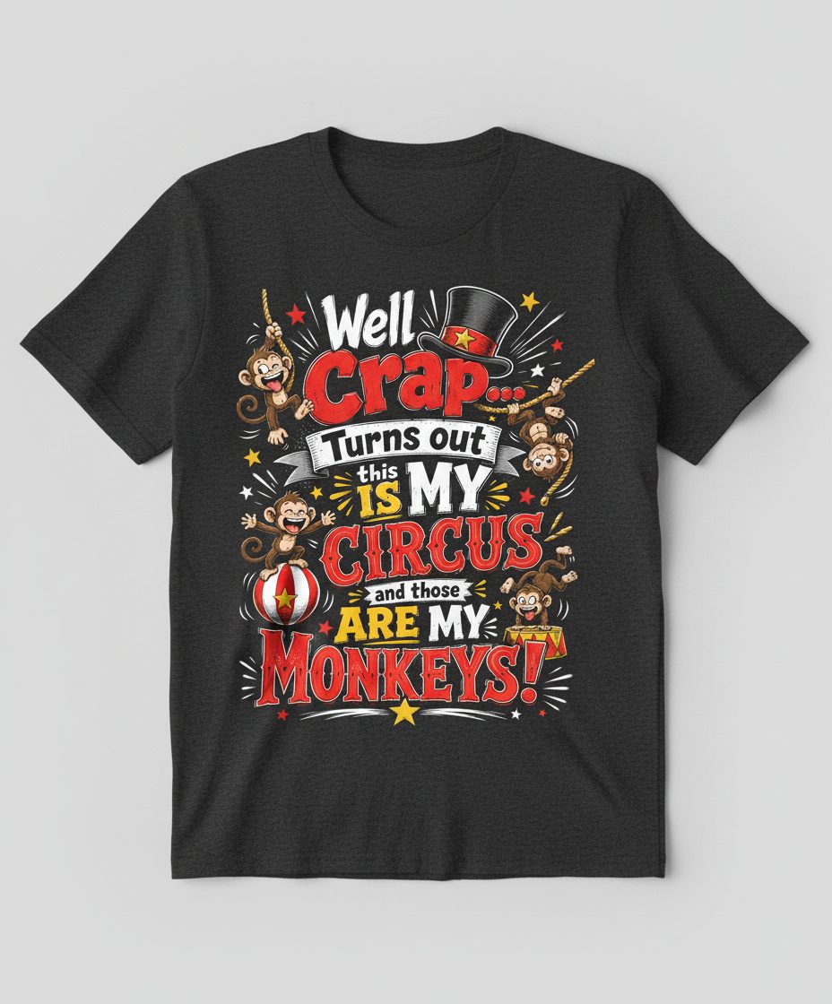 Well Crap Turns Out This IS MY CIRCUS and Those ARE MY Monkeys T-Shirt - product mockup - Dark Heather