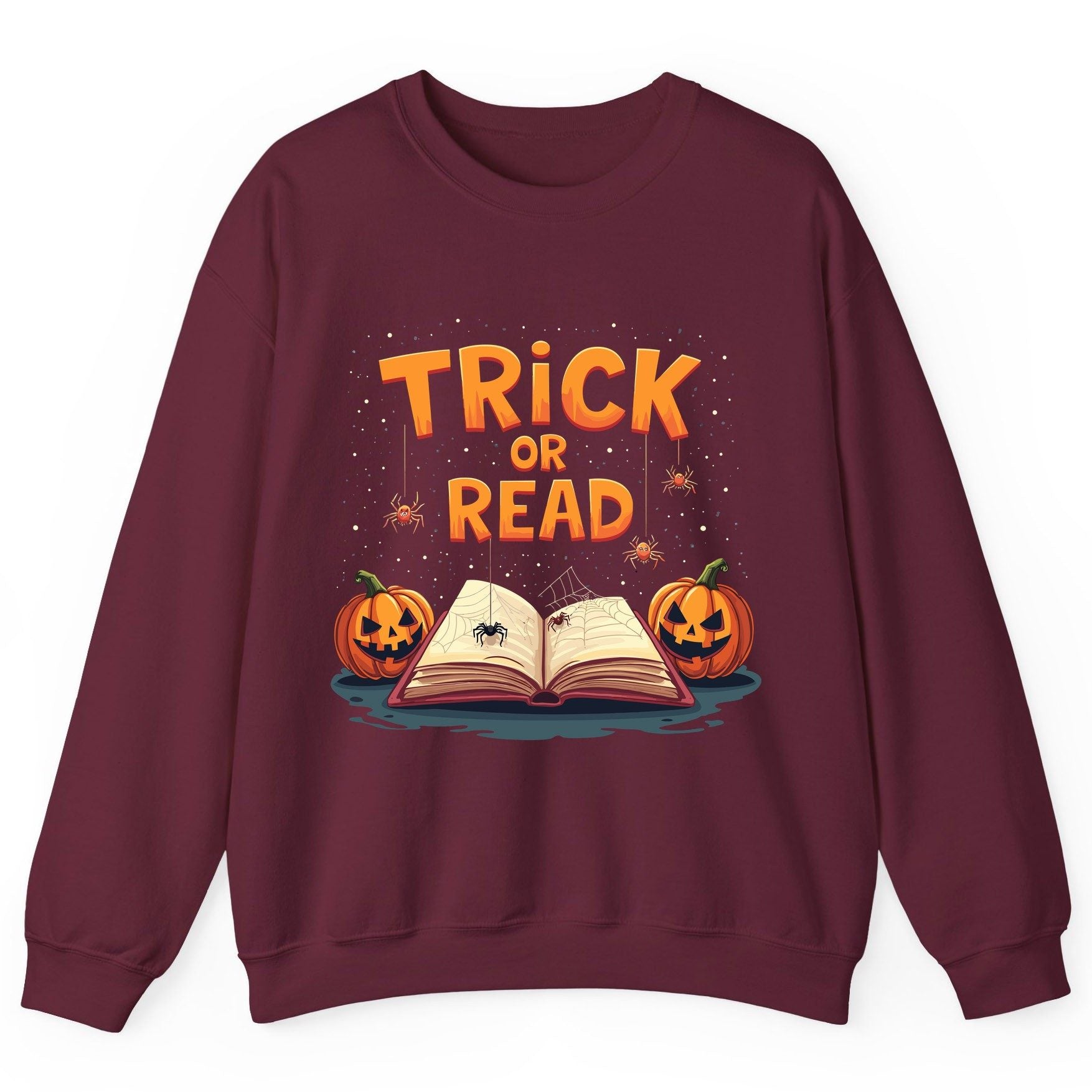 Trick or Read Halloween Sweatshirt Maroon product mockup