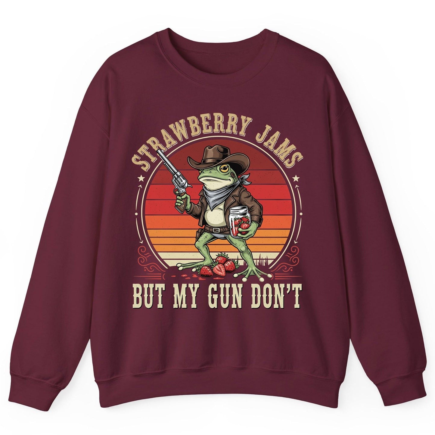 Strawberry Jams but My Gun Don't cowboy frog Sweatshirt Maroon product mockup
