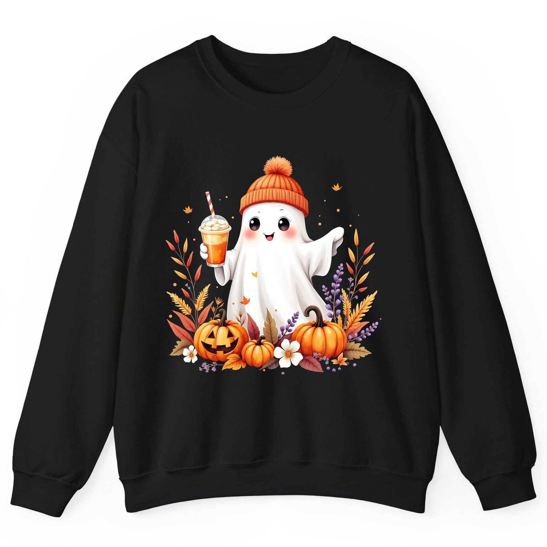 Cute Ghost Pumpkin Spice Latte cute Halloween ghost Sweatshirt Black product mockup