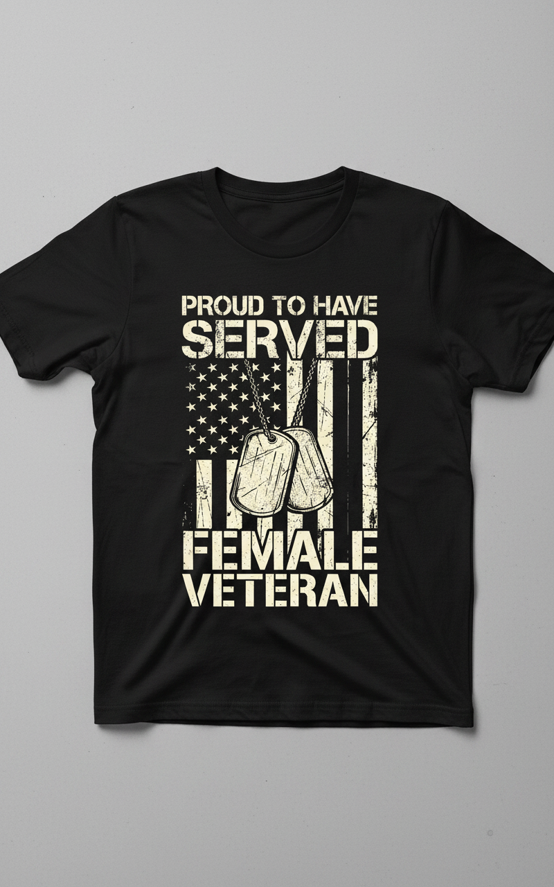 Proud Female Veteran American Flag Dog Tags Design T-Shirt - Black