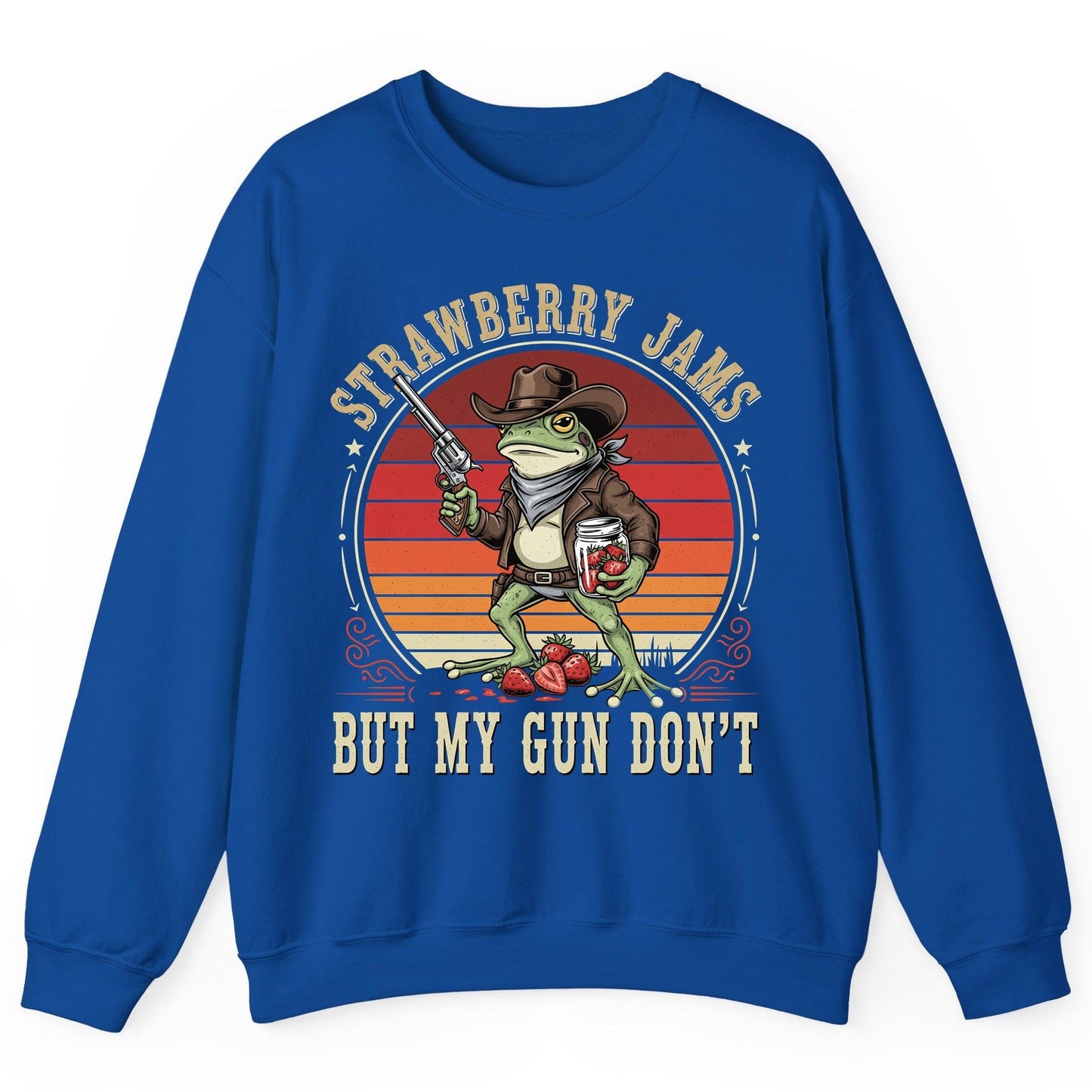 Strawberry Jams but My Gun Don't cowboy frog Sweatshirt Royal product mockup