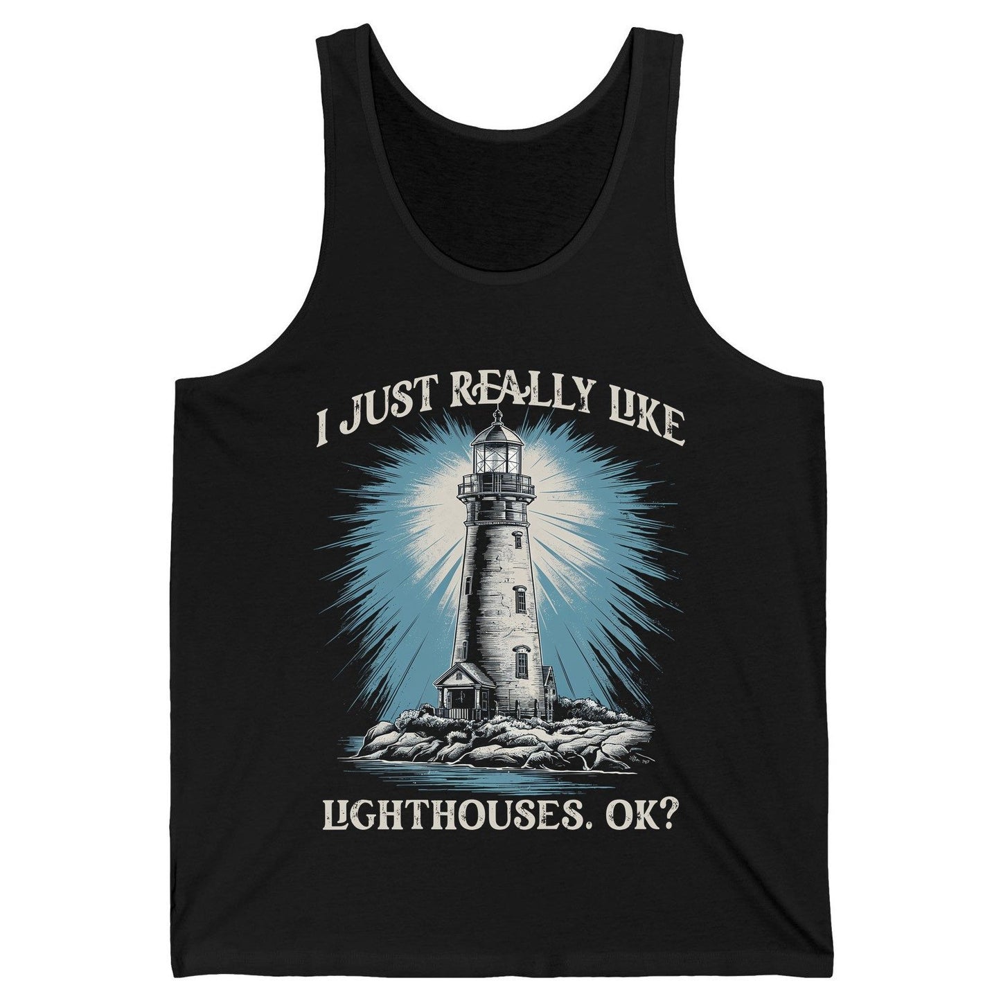 I Just Really Like Lighthouses, Ok? lighthouse Tank Top Black product mockup