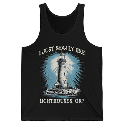 I Just Really Like Lighthouses, Ok? lighthouse Tank Top Black product mockup