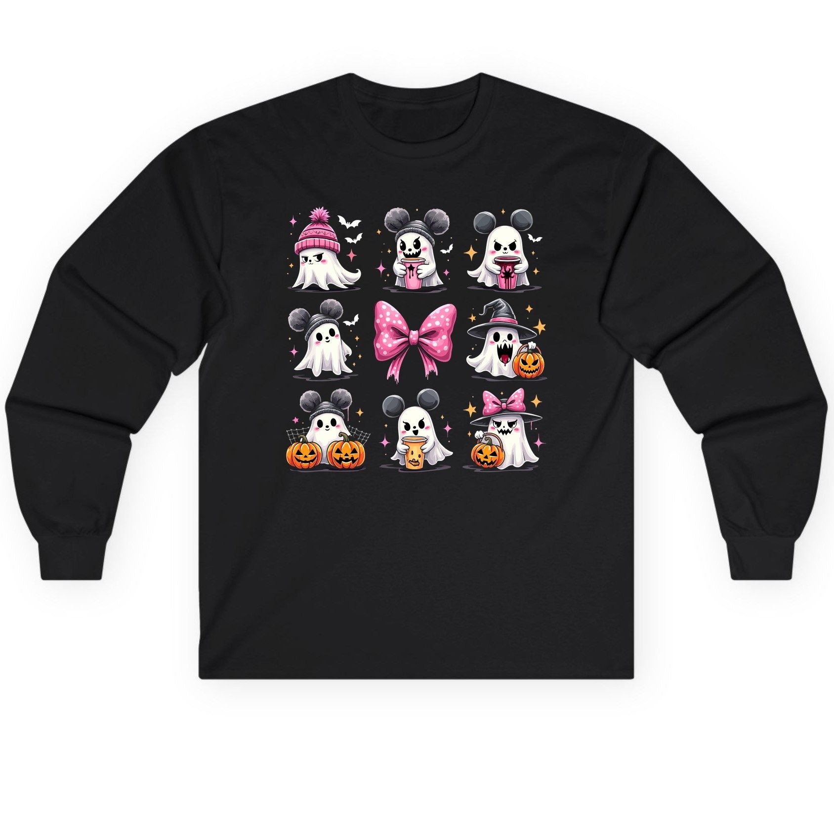 Cute Pink Halloween Ghosts Halloween ghosts Long Sleeve Tee Black product mockup