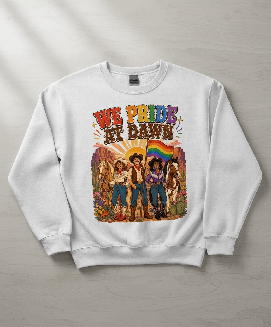 We Pride at Dawn Retro Lgbtq Sweatshirt - product mockup - White