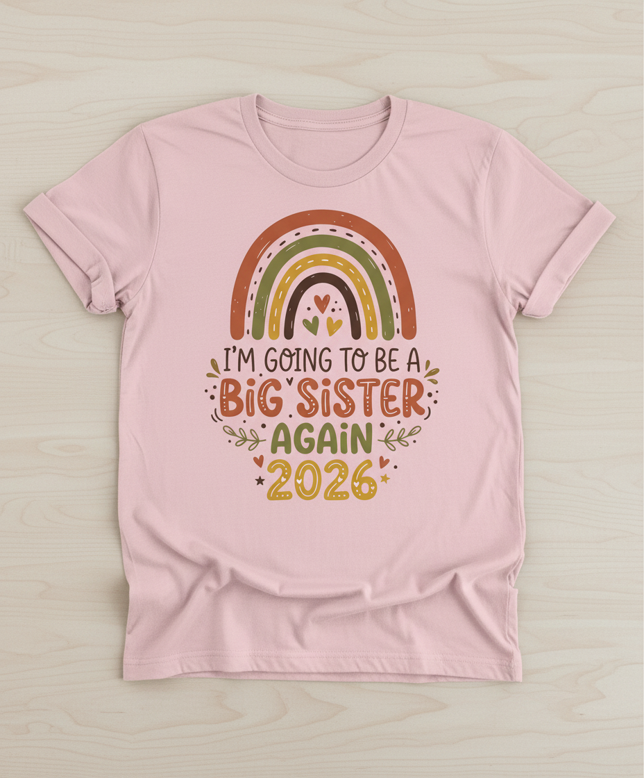 I'm Going to Be a Big Sister Again 2026 Boho Rainbow Announcement T-Shirt - Light Pink