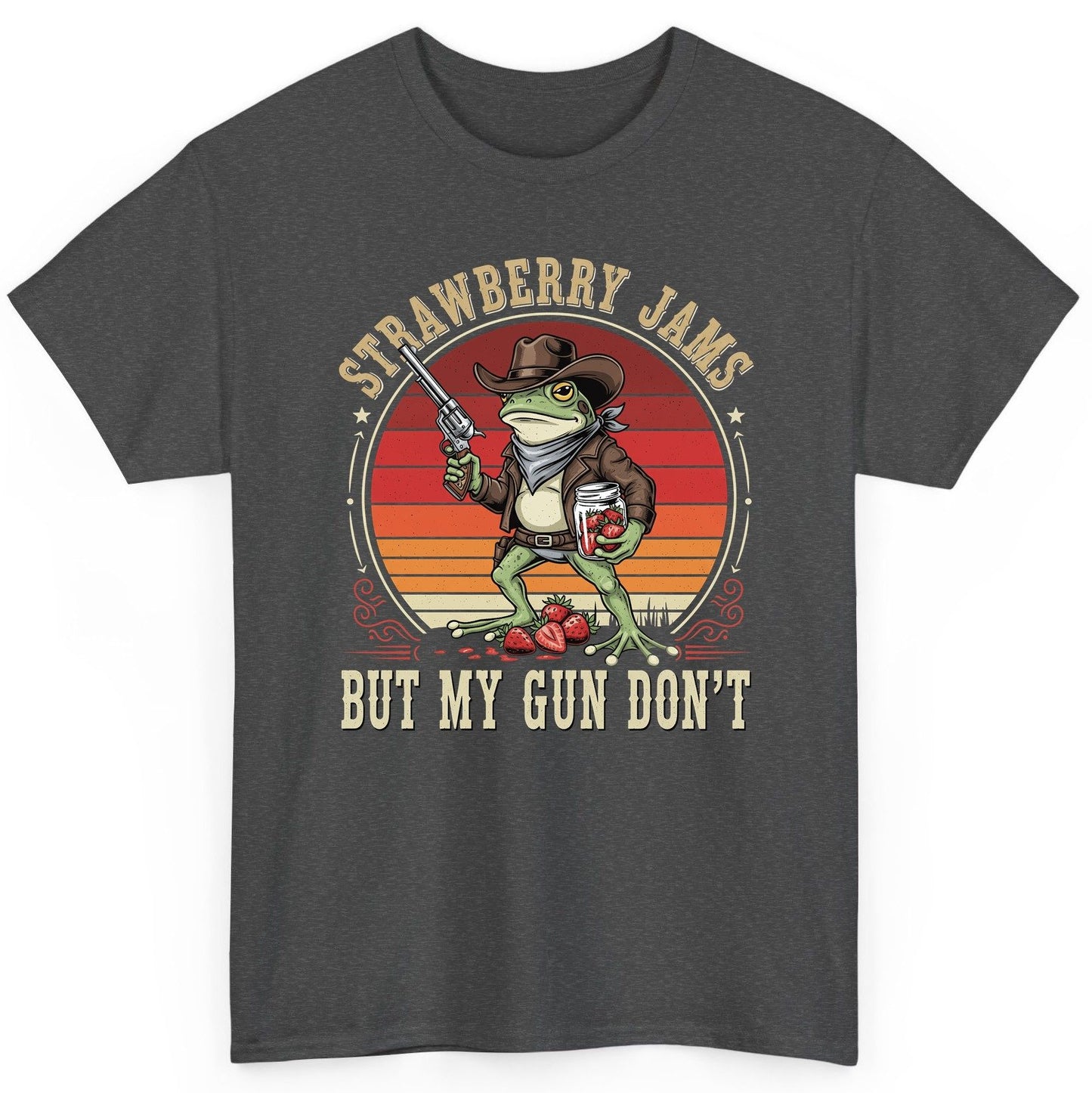 Strawberry Jams but My Gun Don't cowboy frog T-Shirt Dark Heather product mockup