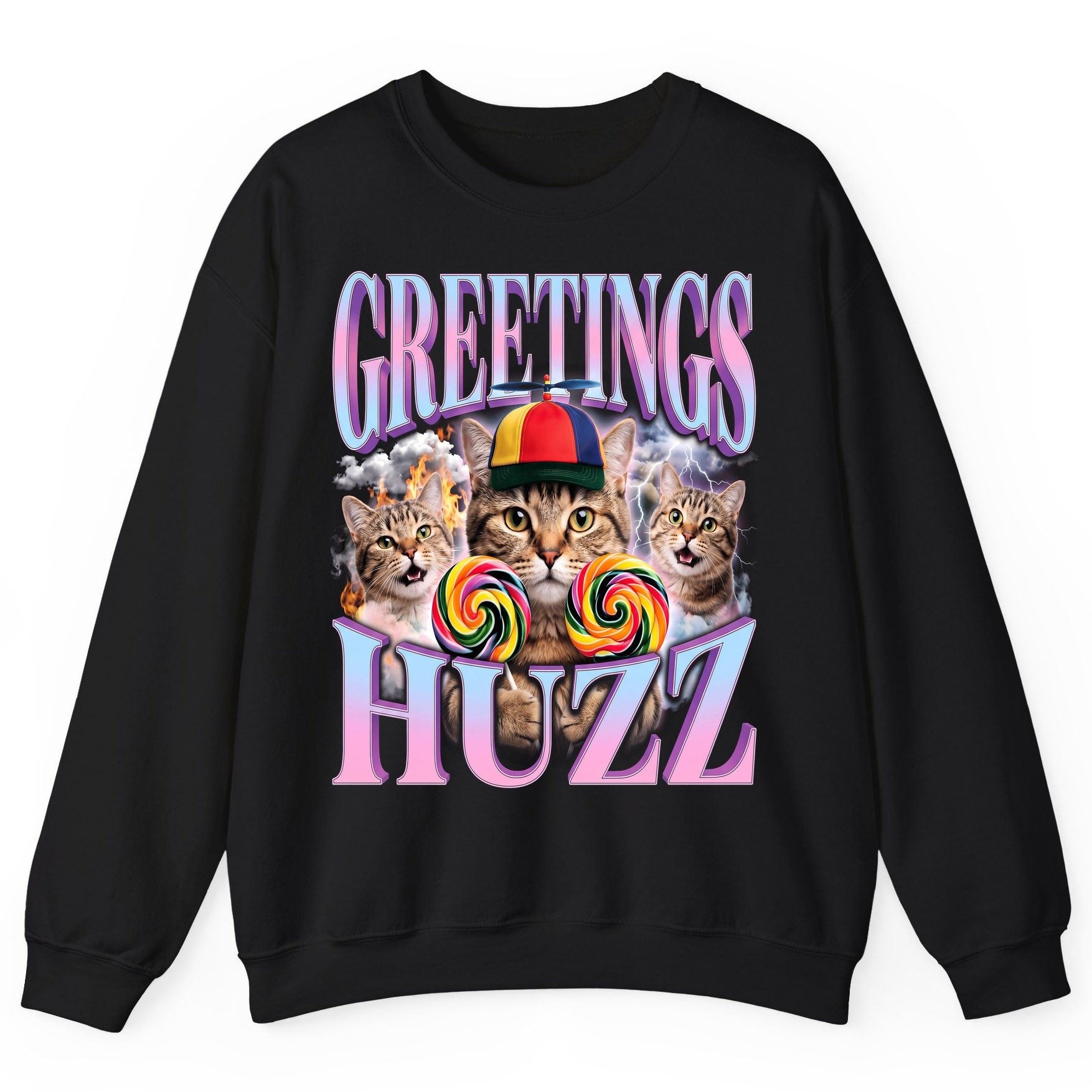 Greetings Huzz Funny Cats Sweatshirt - product mockup - Black