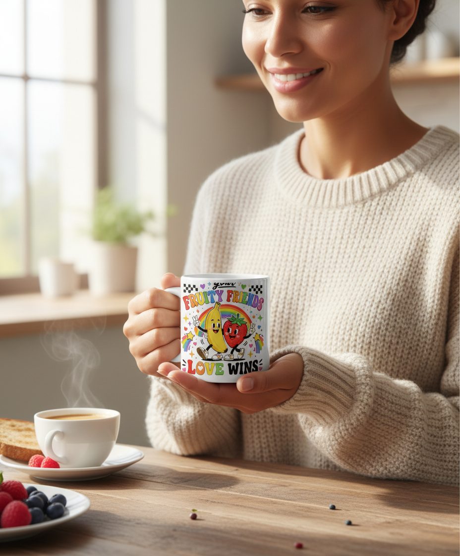 Support Your Fruity Friends Love Wins Retro Lgbtq Pride White Mug - lifestyle model mockup - White
