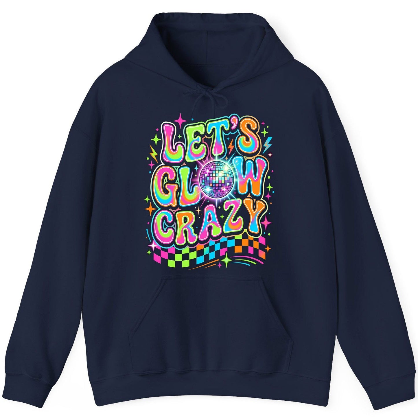 Let's Glow Crazy Retro Party Hoodie - product mockup - Navy