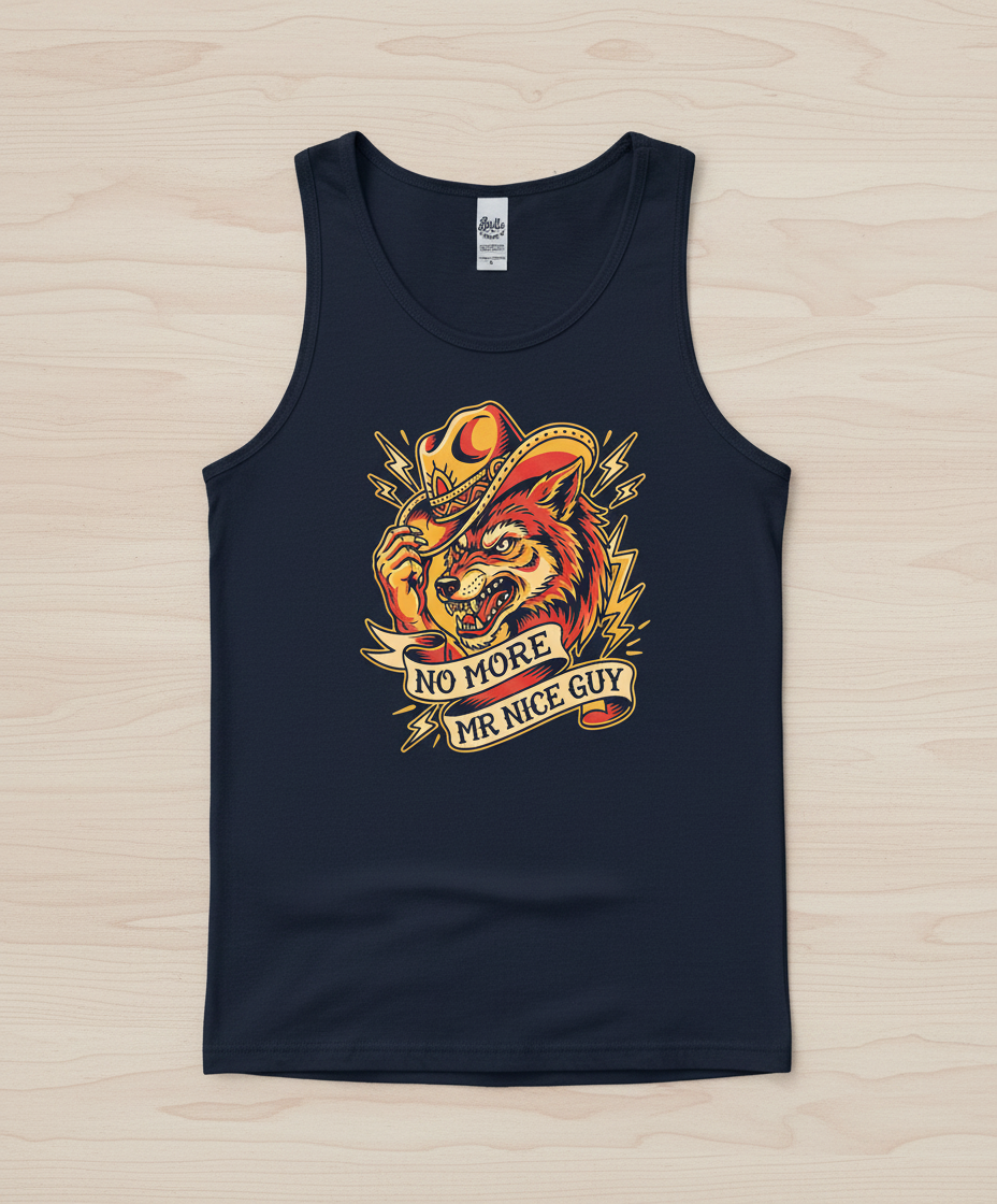 No More Mr Nice Guy Wolf Cowboy Tattoo Art Tank Top - Navy
