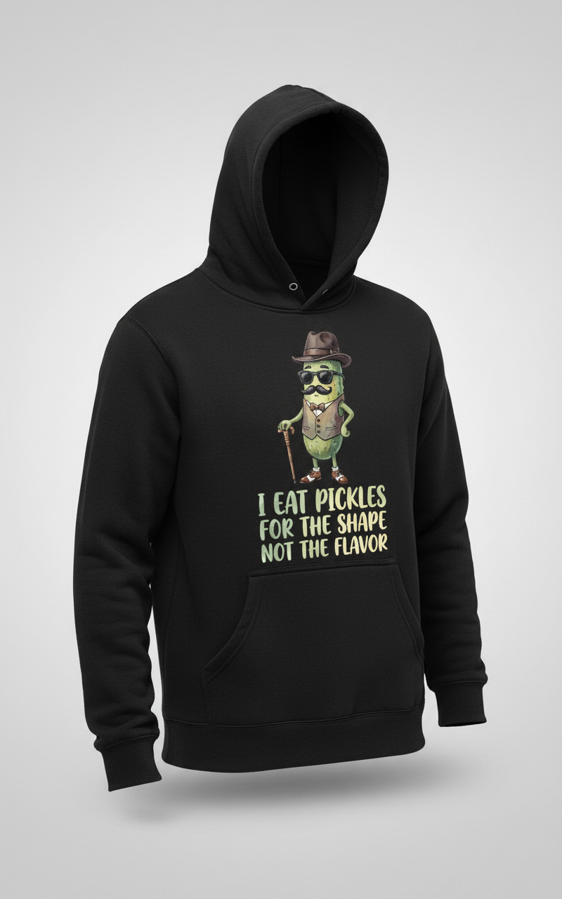Funny Dapper Pickle 'I Eat Pickles For The Shape' Quote Hoodie - Black
