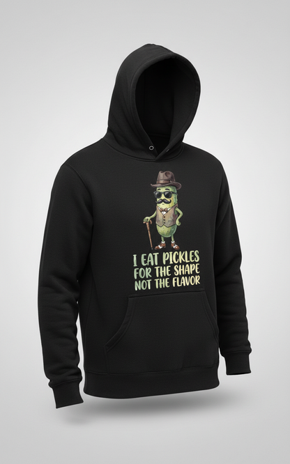 Funny Dapper Pickle 'I Eat Pickles For The Shape' Quote Hoodie - Black