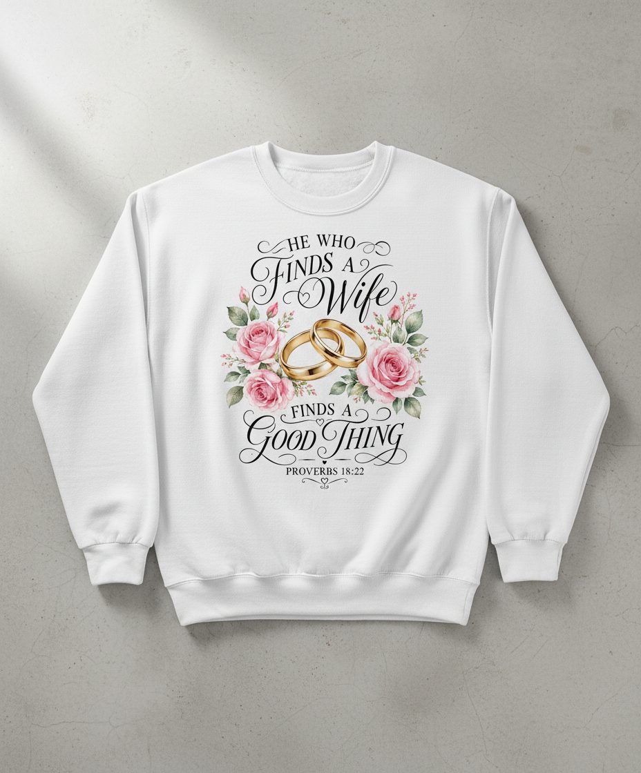He Who Finds a Wife Finds a Good Thing Proverbs 18 22 Sweatshirt - product mockup - White