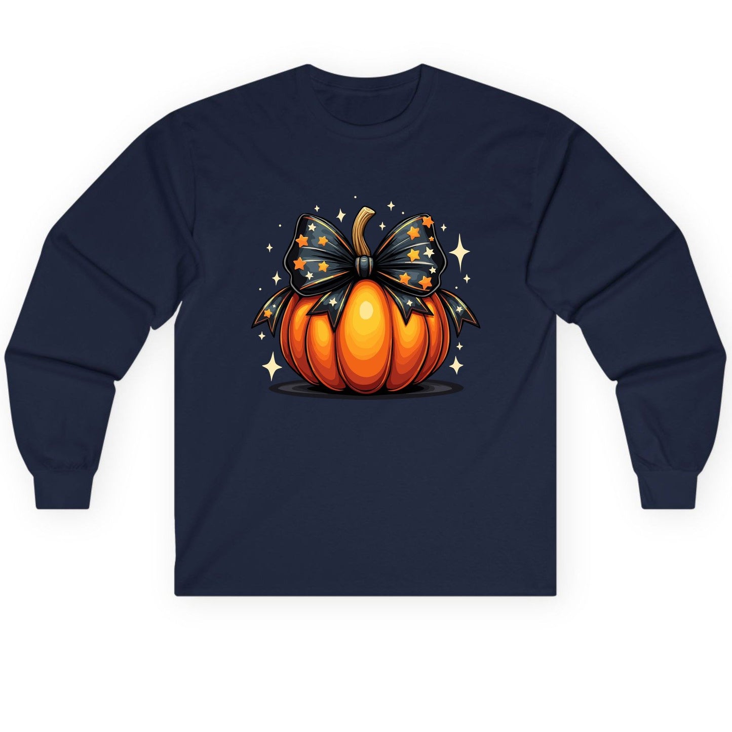 Starry Bow Pumpkin Halloween pumpkin Long Sleeve Tee Navy product mockup