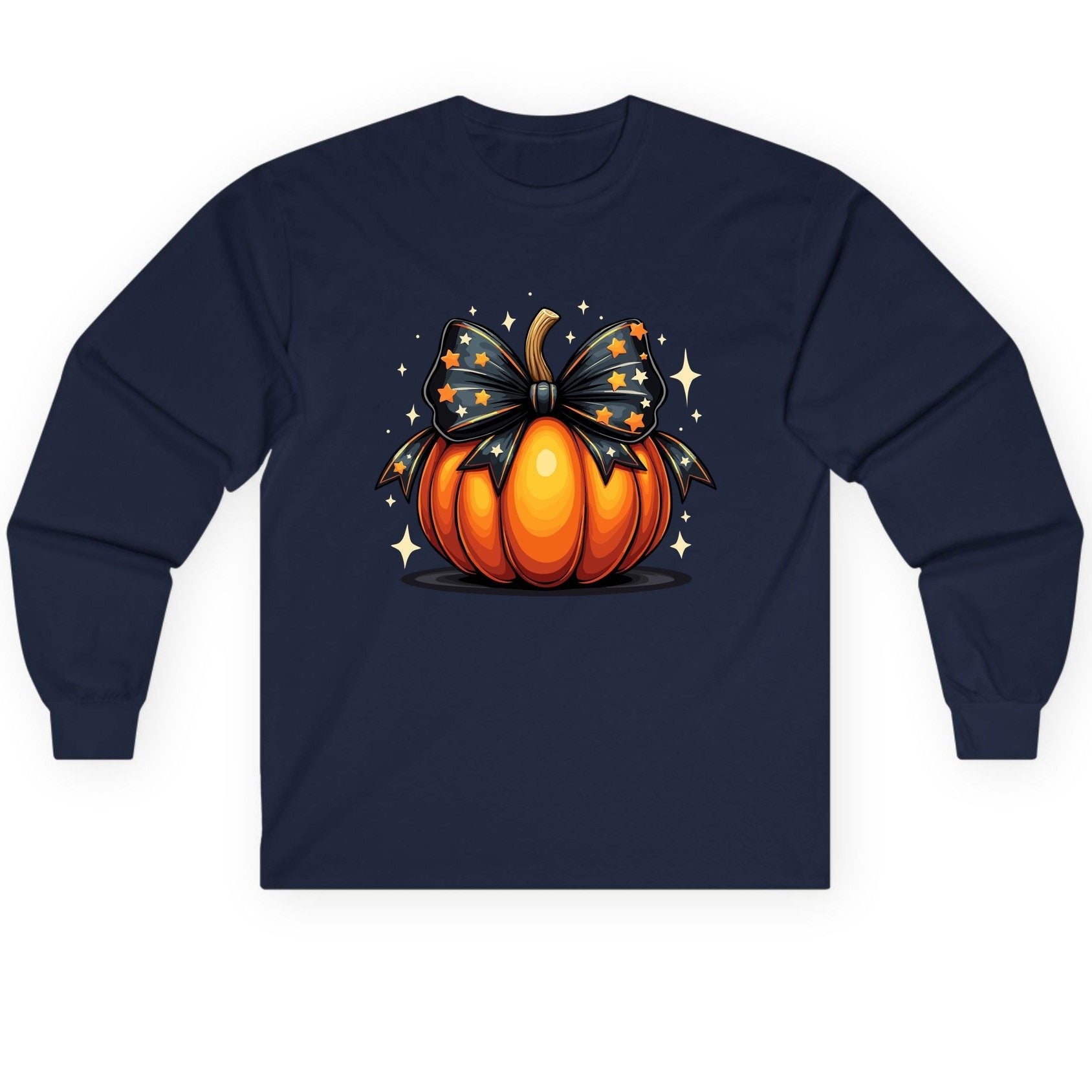 Starry Bow Pumpkin Halloween pumpkin Long Sleeve Tee Navy product mockup