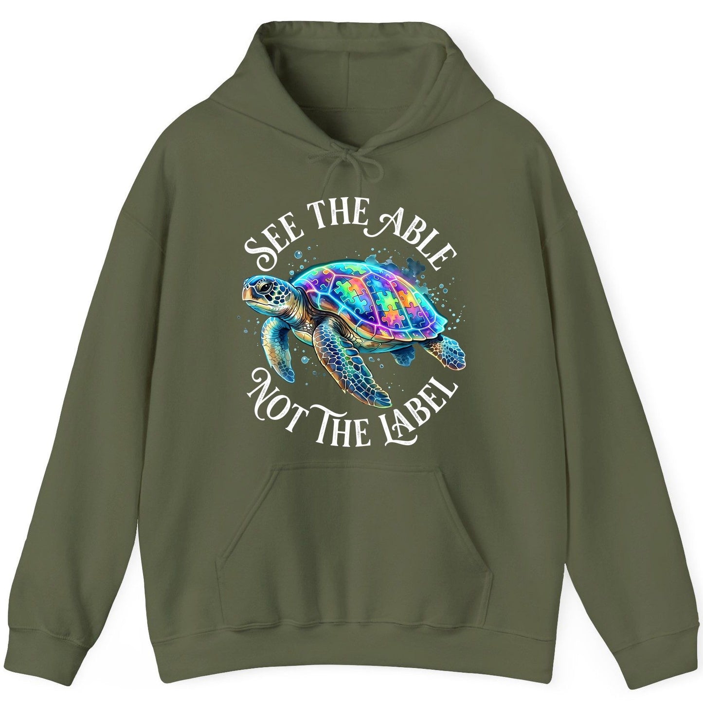 See the Able Not the Label Autism Awareness Hoodie - product mockup - Military Green