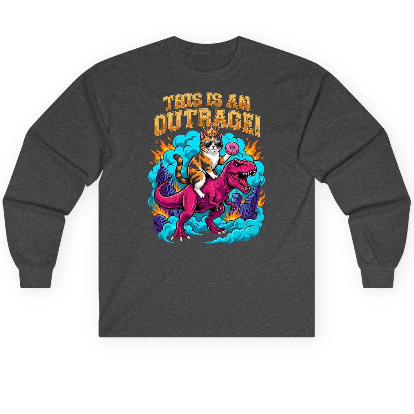 THIS IS AN OUTRAGE! Cat riding a T-Rex Long Sleeve Tee Dark Heather product mockup